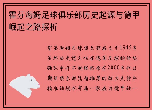 霍芬海姆足球俱乐部历史起源与德甲崛起之路探析